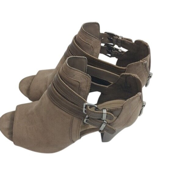 Liz Claiborne Heels Womens Size 7.5 Tan Open Toe Faux Leather Western Flair - Picture 4 of 8